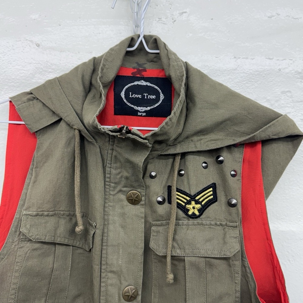 Love Tree Olive Green Hooded Cargo Utility Womens Vest Size Large 100%‎ Cotton - Picture 2 of 8